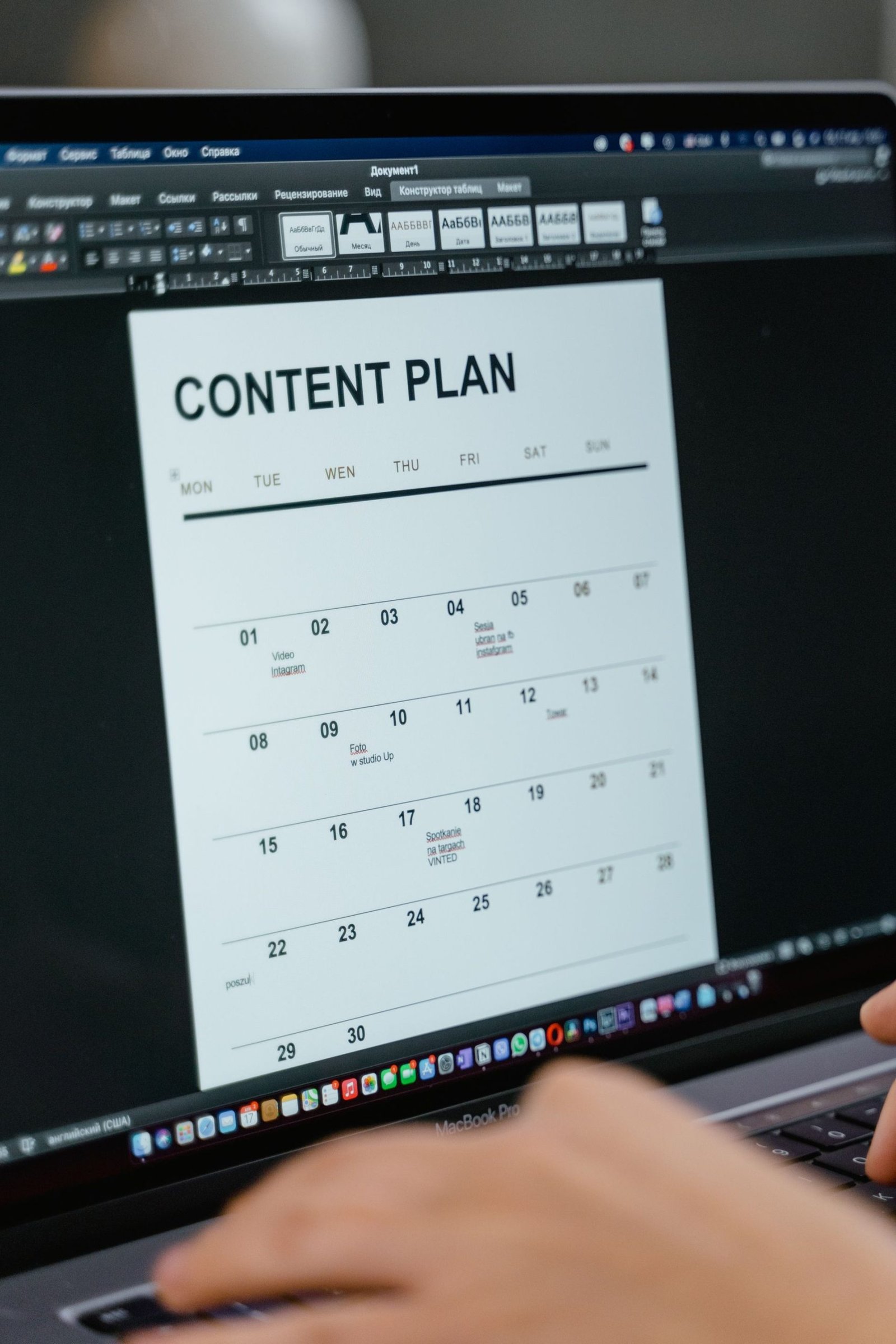 A content plan calendar shown on a tablet screen