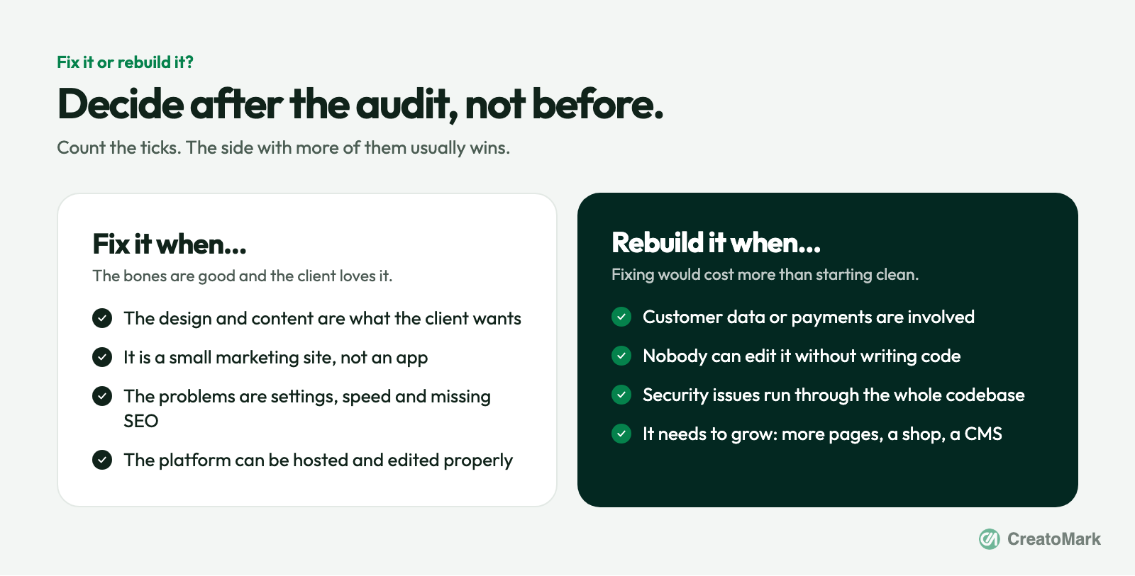 Checklist for deciding whether to fix or rebuild a website made with an AI tool