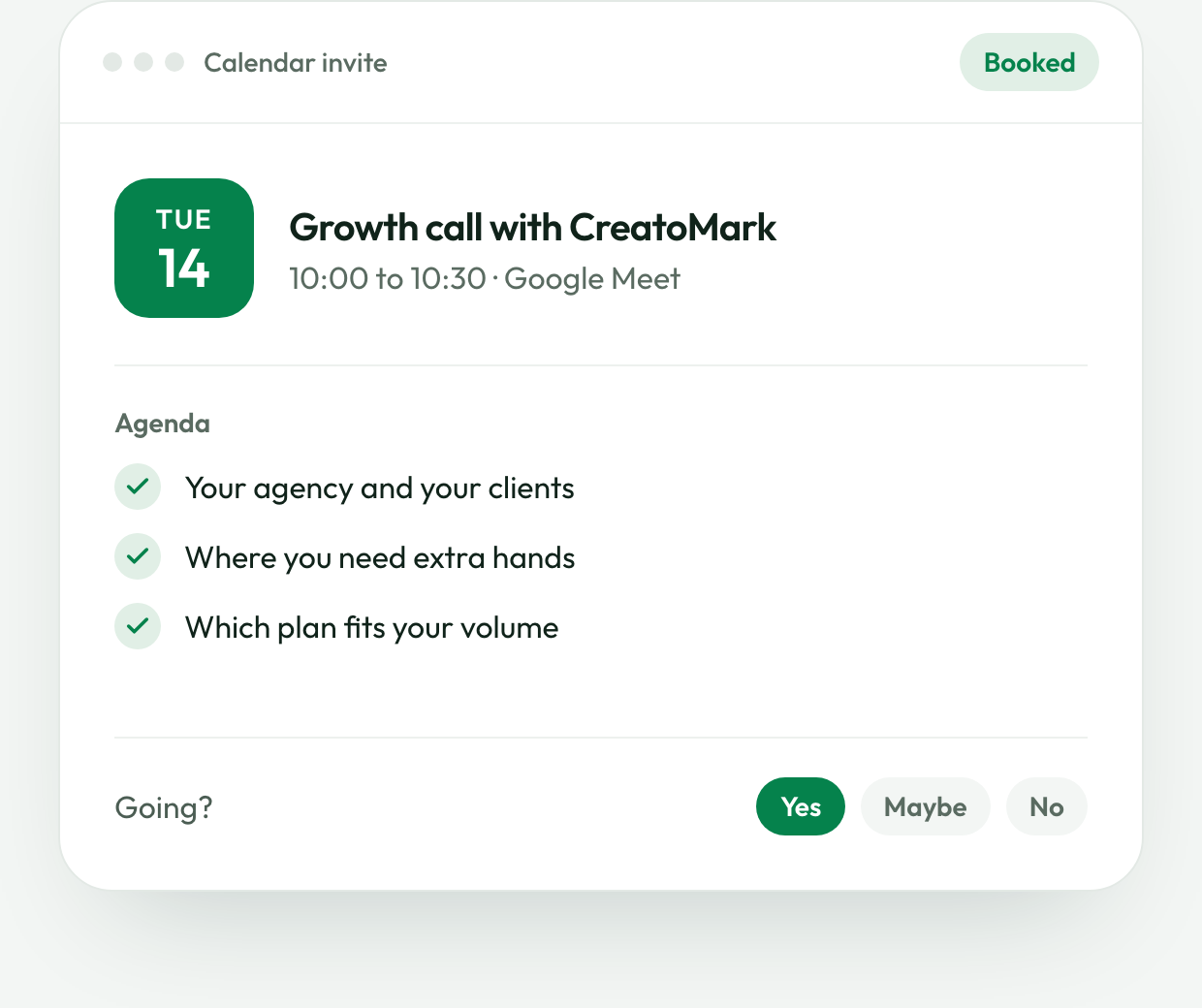 Calendar invite for a growth call with CreatoMark