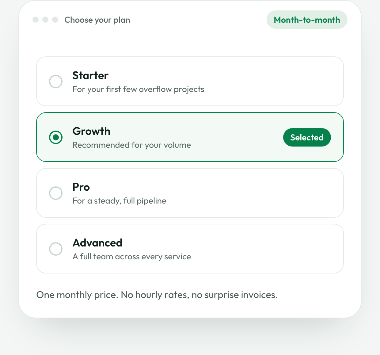 Plan picker with the Growth plan selected