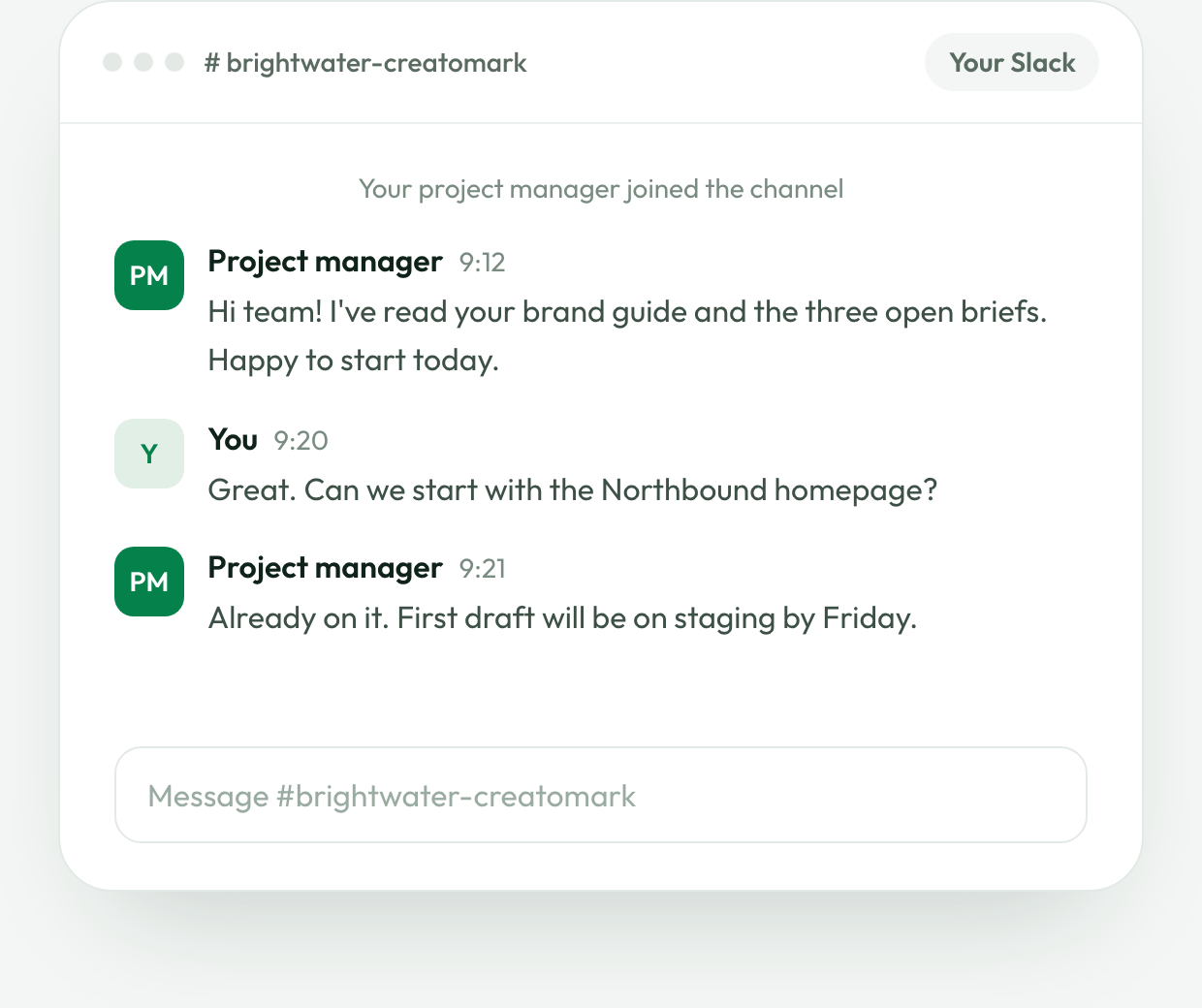 Slack channel where the project manager introduces the team