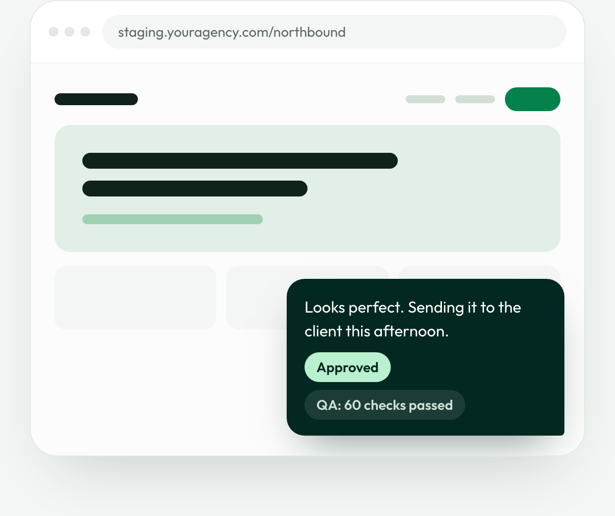 Staging site with an approval message: QA, 60 checks passed