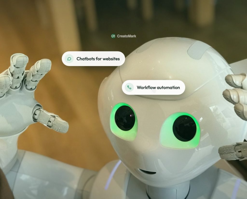 A friendly white robot with glowing green eyes